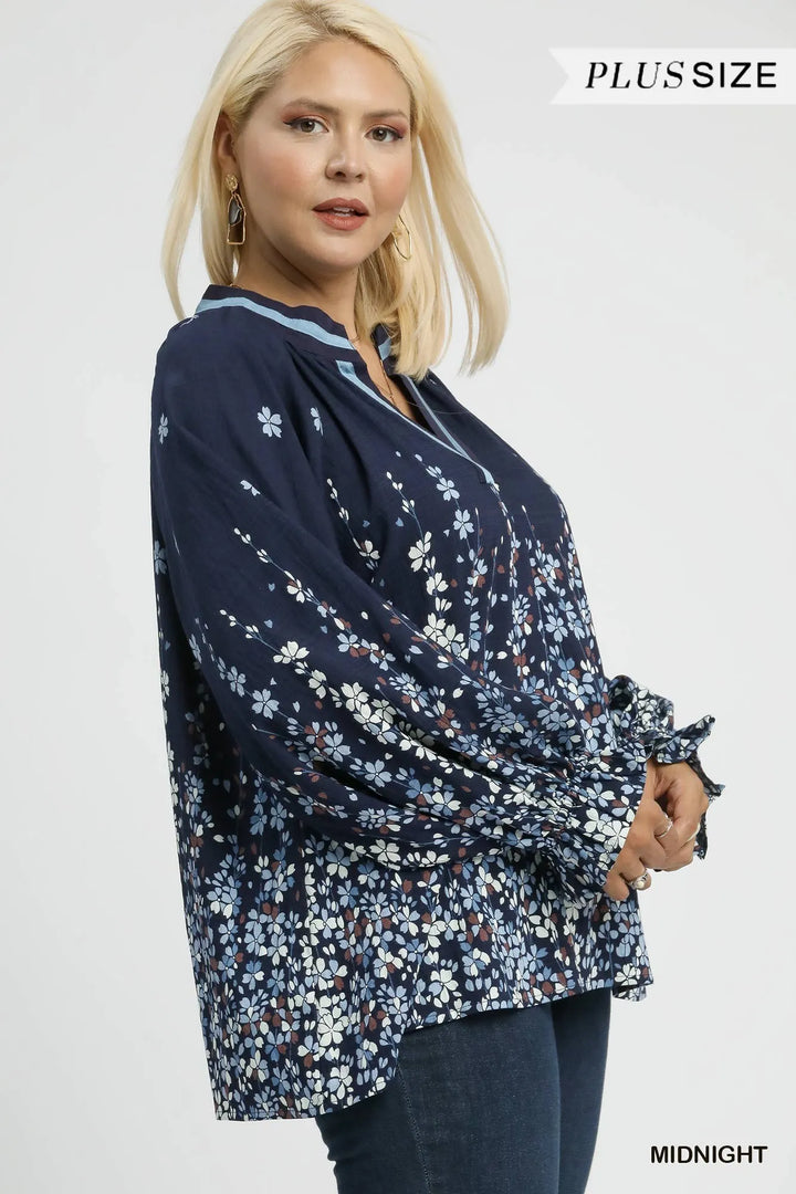 Umgee Full Size Floral Vine Print Blouse With Balloon Sleeves Plus Size 1