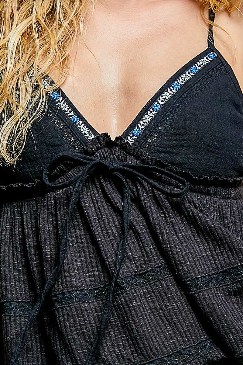 Pol V Neck Embroidered Trim Ruffled Cami