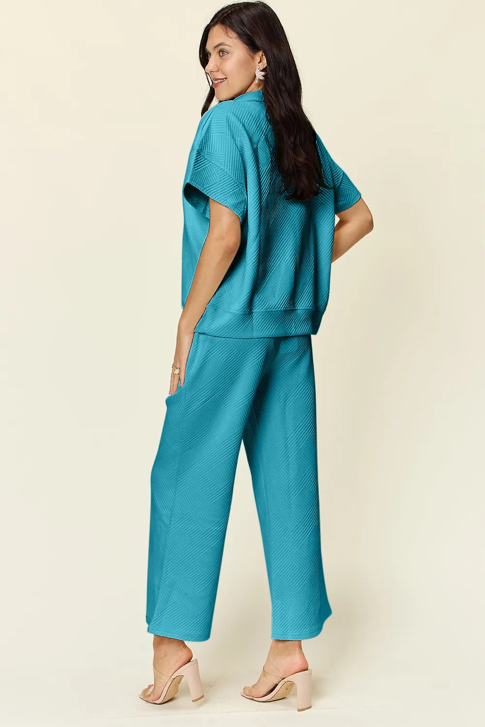 Light Blue Double Take Full Size Texture Half Zip Short Sleeve Top And Pants Set 1