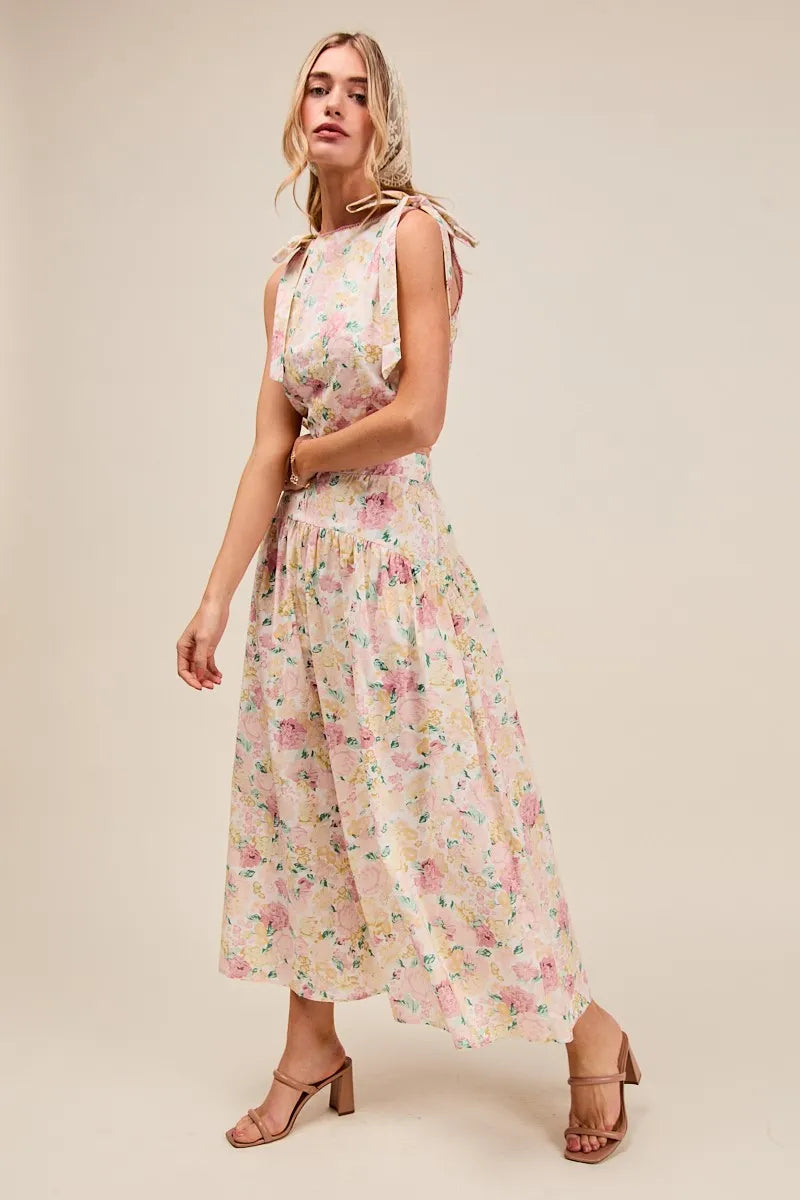 So Me Floral Printed Woven Shoulder Bow Tie Top And Skirt Set