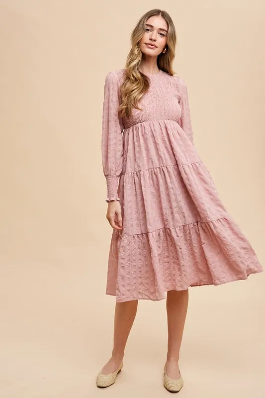 Mauve Annie Wear Textured Smocking Bodice Tiered Midi Dress 1