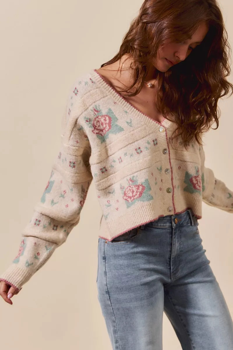 So Me Floral Pattern Long Sleeve Button Sweater Cardigan