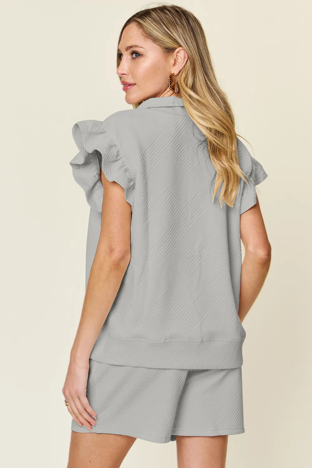 Aqua Double Take Full Size Texture Flounce Sleeve Top And Drawstring Shorts Set 1