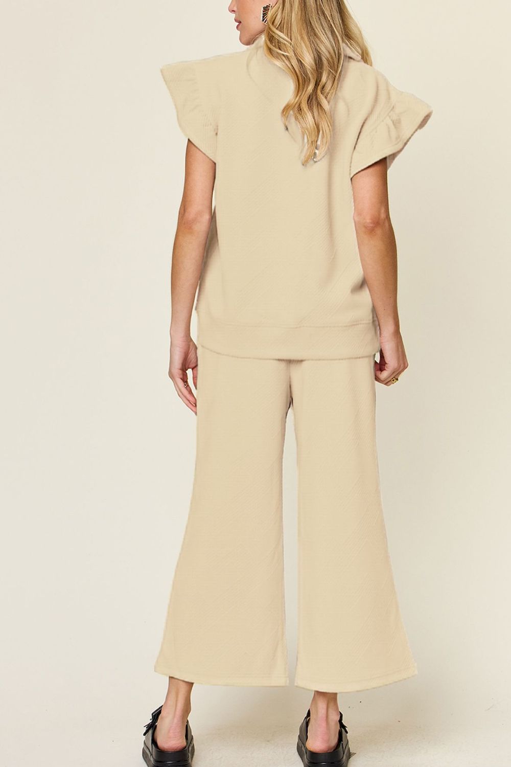 Deep Teal Double Take Texture Ruffle Short Sleeve Top And Drawstring Wide Leg Pants Set