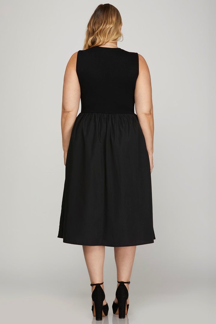 Black She Sky Full Size Sleeveless Poplin Woven Midi Dress With Pockets Plus Size 1