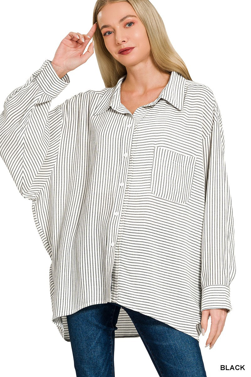 Black Zenana Woven Stripe Button Down Shirt 1