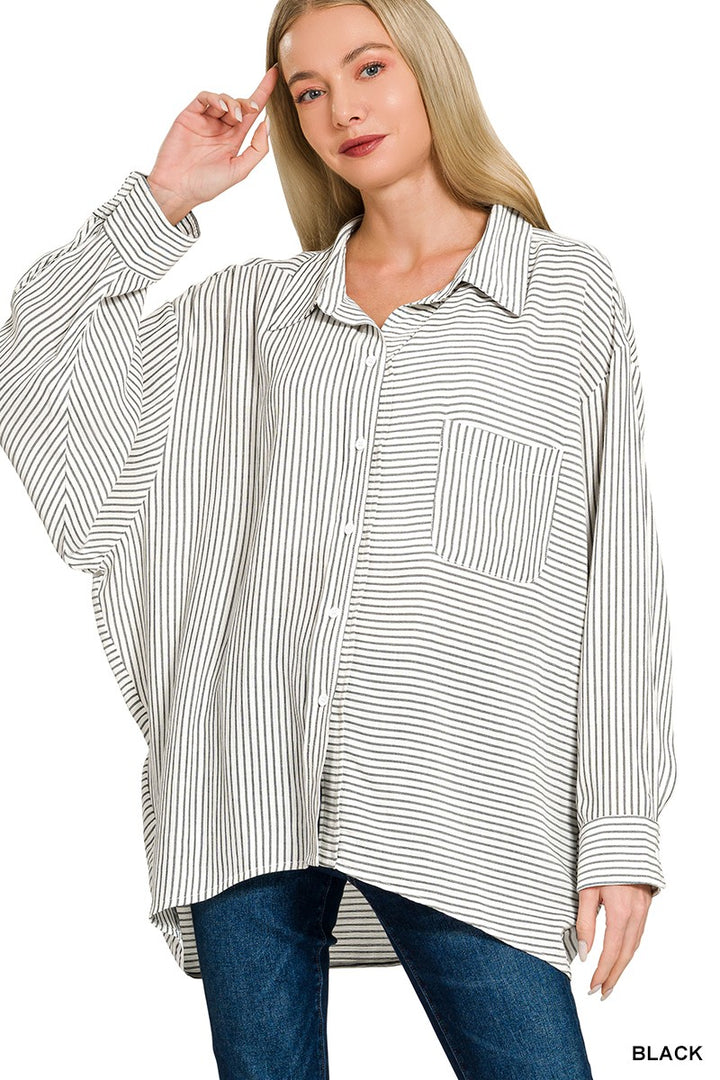 Black Zenana Woven Stripe Button Down Shirt 1