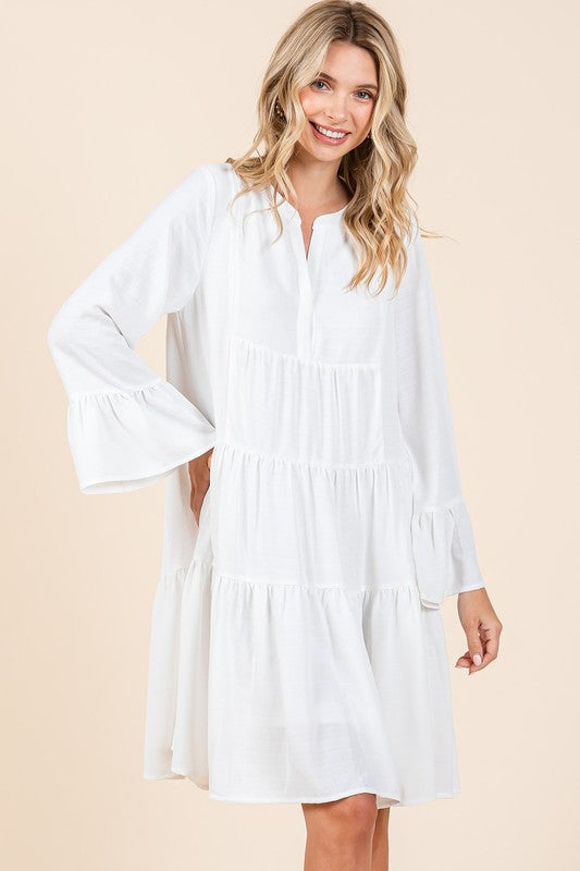 Ivory Mittoshop Tiered Notched Flare Sleeve Dress