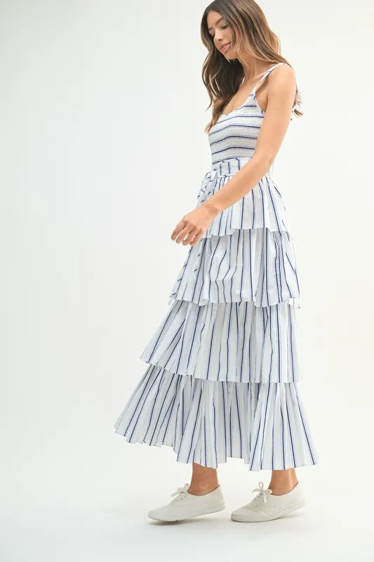 Off White Mable Pin Stripe Smocked Bodice Layered Midi Dress