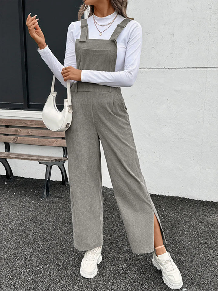 Grey Slit Wide Leg Overalls With Pockets