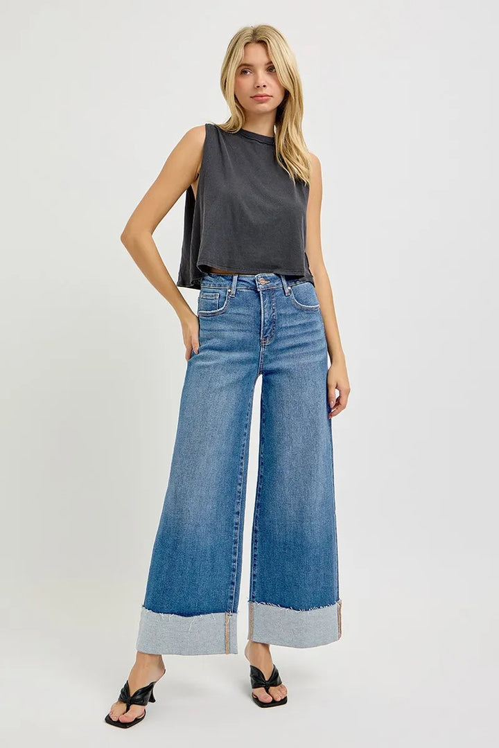 Medium Risen Full Size Tummy Control High Rise Crop Wide Cuffed Jeans Plus Size