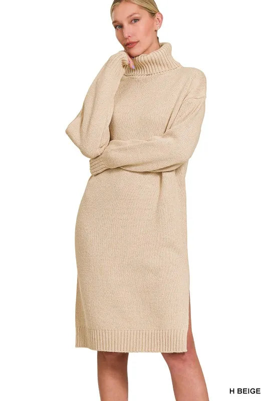 H Beige Zenana Turtle Neck Long Sleeve Midi Sweater Dress
