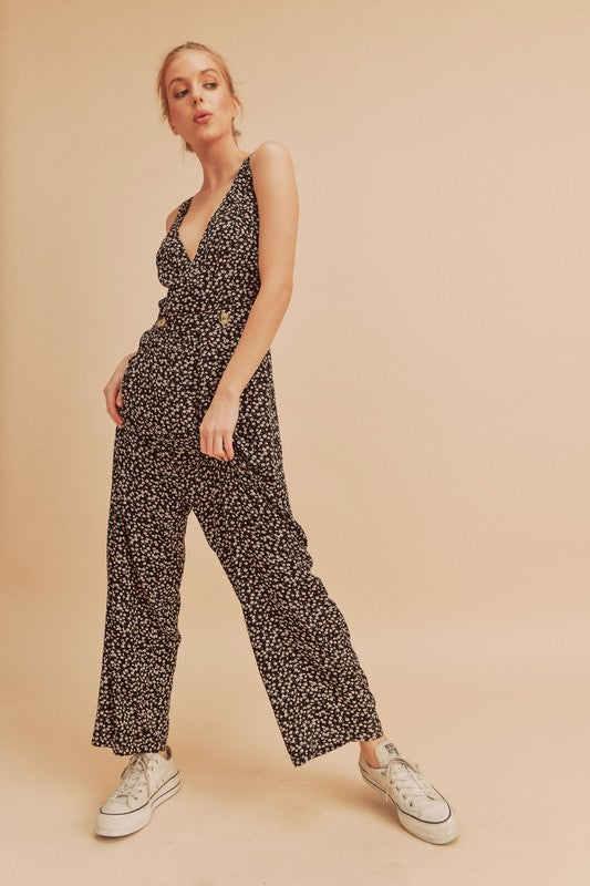 Black Aemi Co Ditsy Floral Surplice Sleeveless Wide Leg Jumpsuit 1