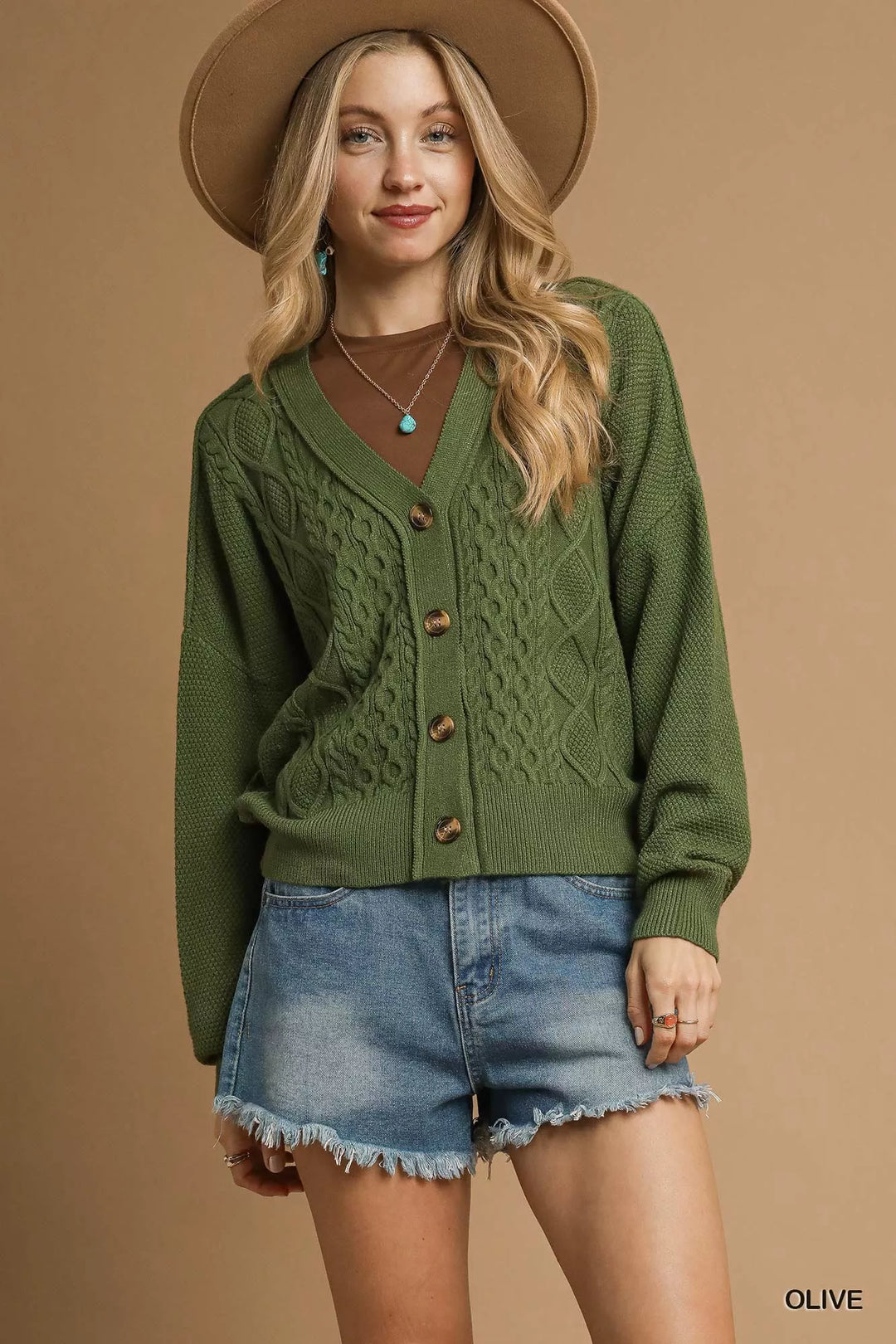 Olive Umgee Chunky Cable Knit V Neck Button Up Cardigan 3