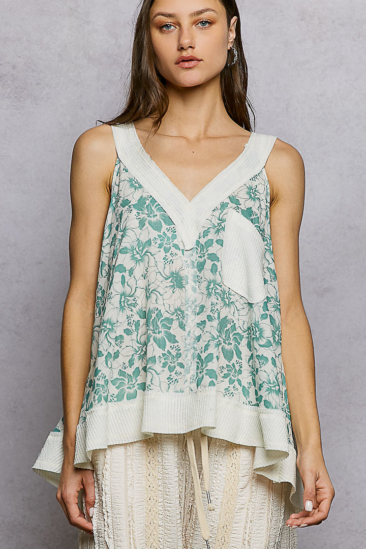 Teal Multi Pol Floral V Neck Tank With Front Pocket 1
