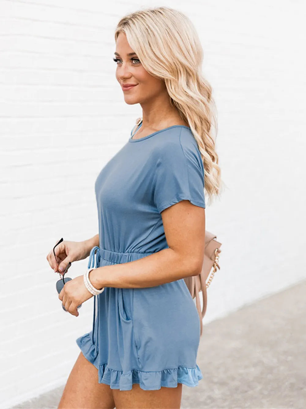 Light Blue Ruffled Boat Neck Short Sleeve Romper