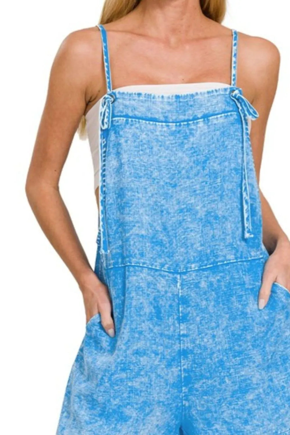 Deep Sky Zenana Washed Linen Knot Strap Rompers