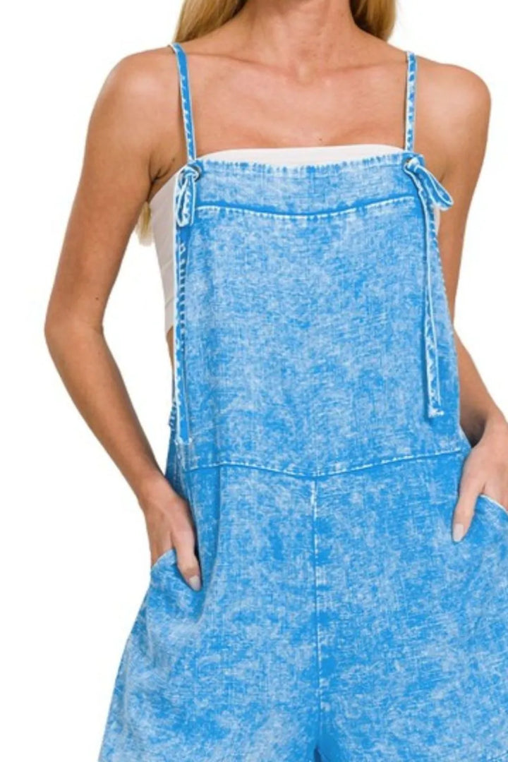 Deep Sky Zenana Washed Linen Knot Strap Rompers
