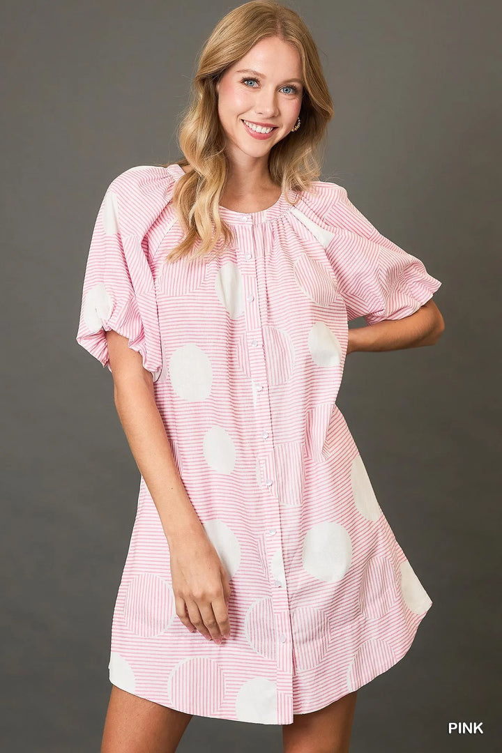 Pink Umgee Stripe And Dot Print Button Down Puff Sleeve Mini Dress