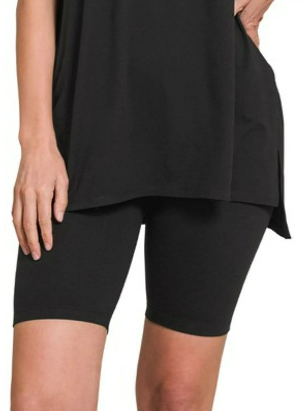Black Zenana Brushed Dty Microfiber Round Neck Top And Biker Shorts Set