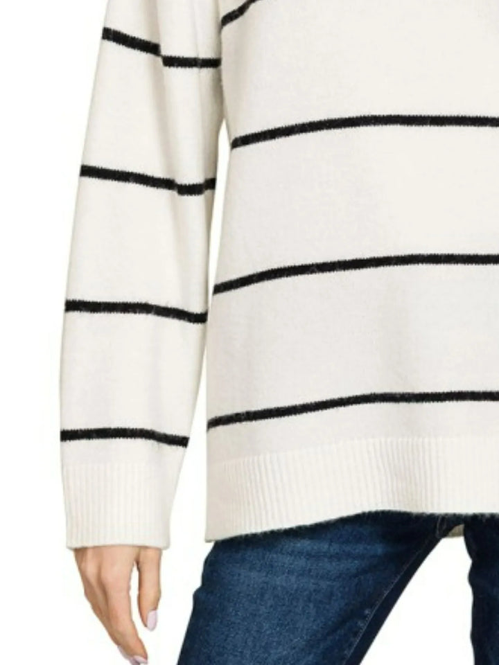 Ivory/Black Zenana Round Neck Stripe Sweater