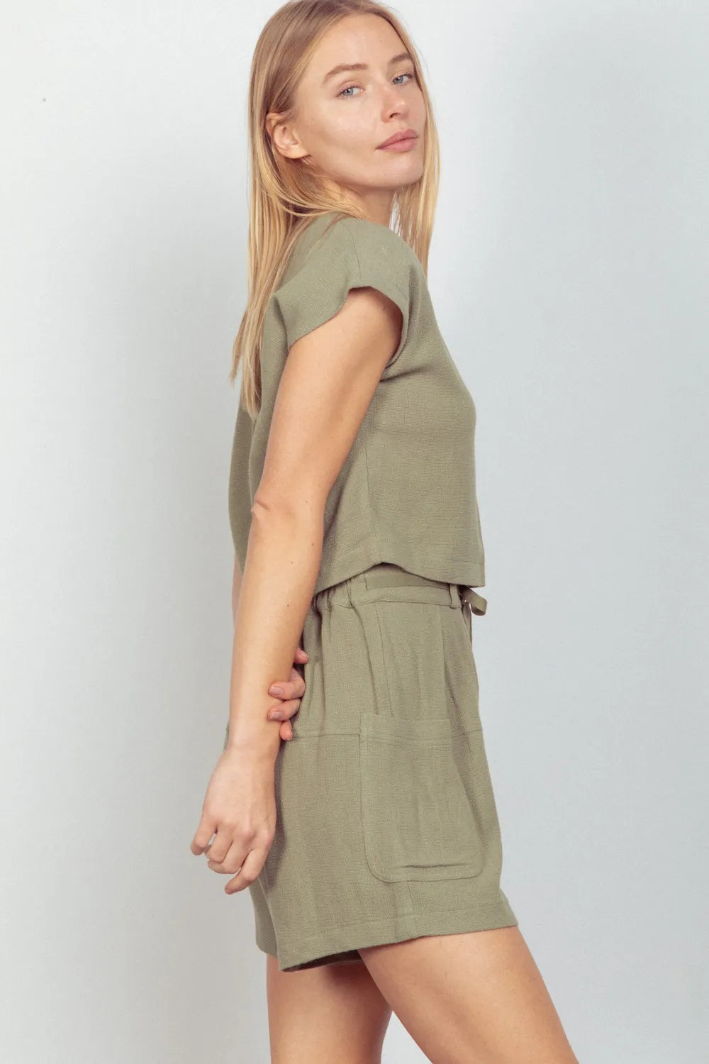 Very J Woven Cropped Top Waist Tie Shorts Set