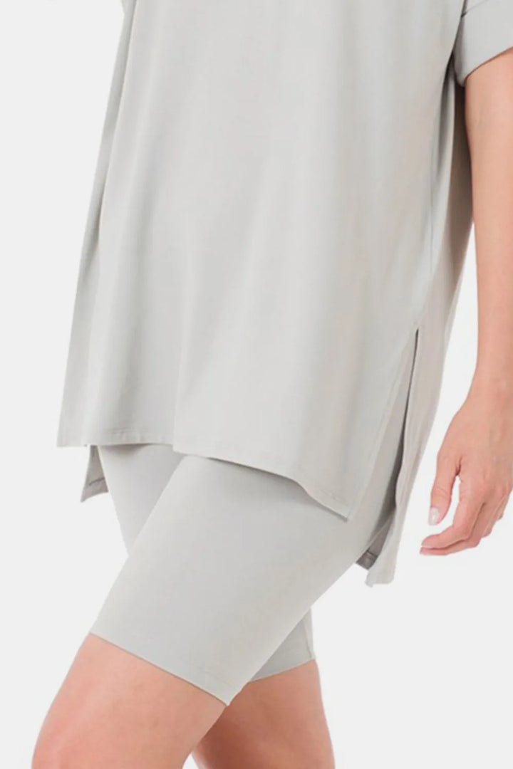 Lt Grey Zenana Full Size V Neck Short Sleeve Slit T Shirt And Shorts Set 1