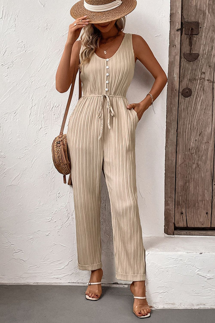 Beige Perfee Textured Sleeveless Jumpsuit With Pockets
