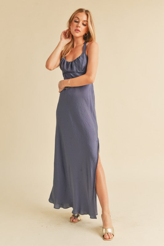 Hazy Lilac Aemi Co Ruched Side Slit Cutout Back Maxi Cami Dress