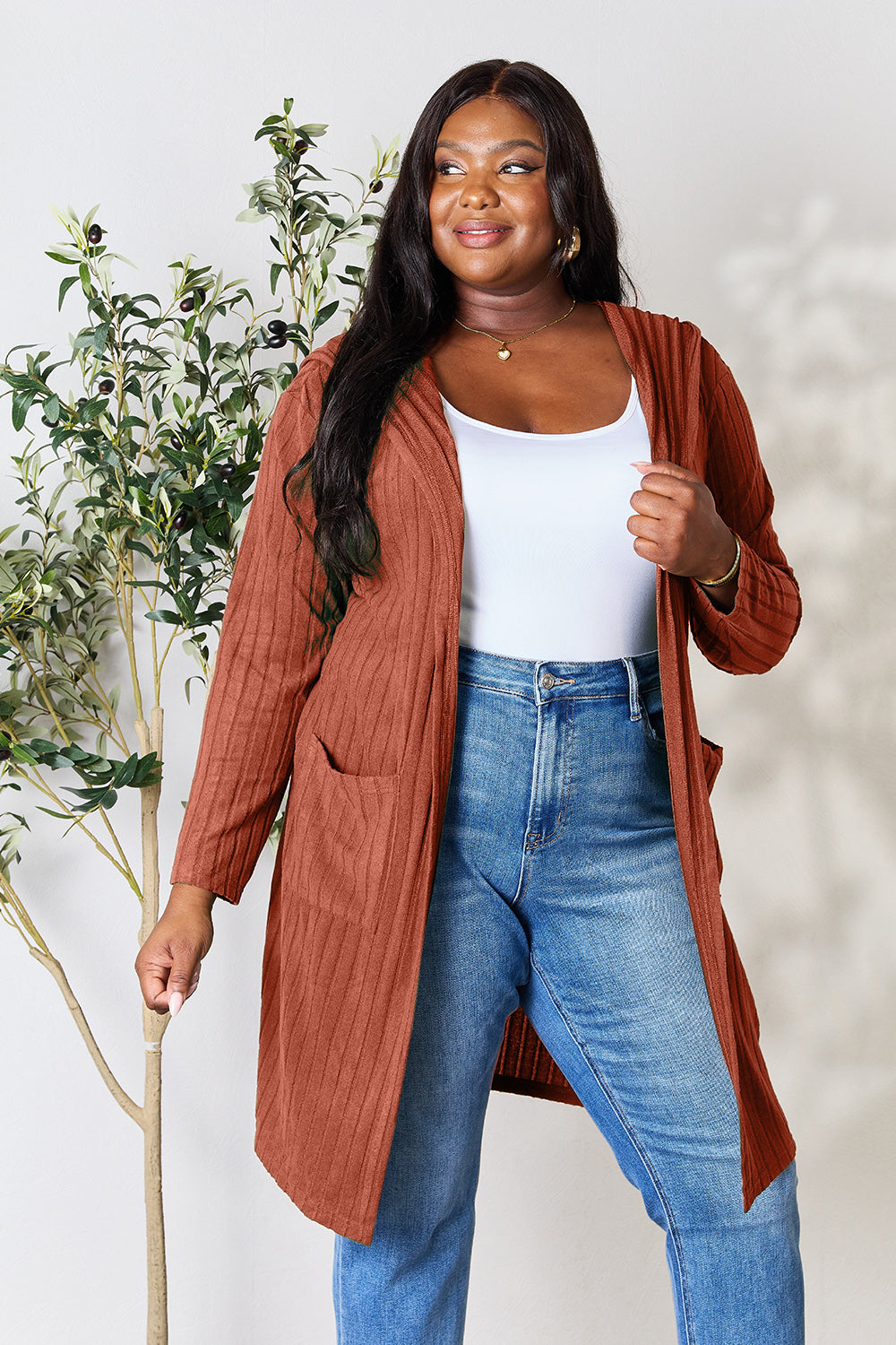 Rust Basic Bae Full Size Hooded Sweater Cardigan