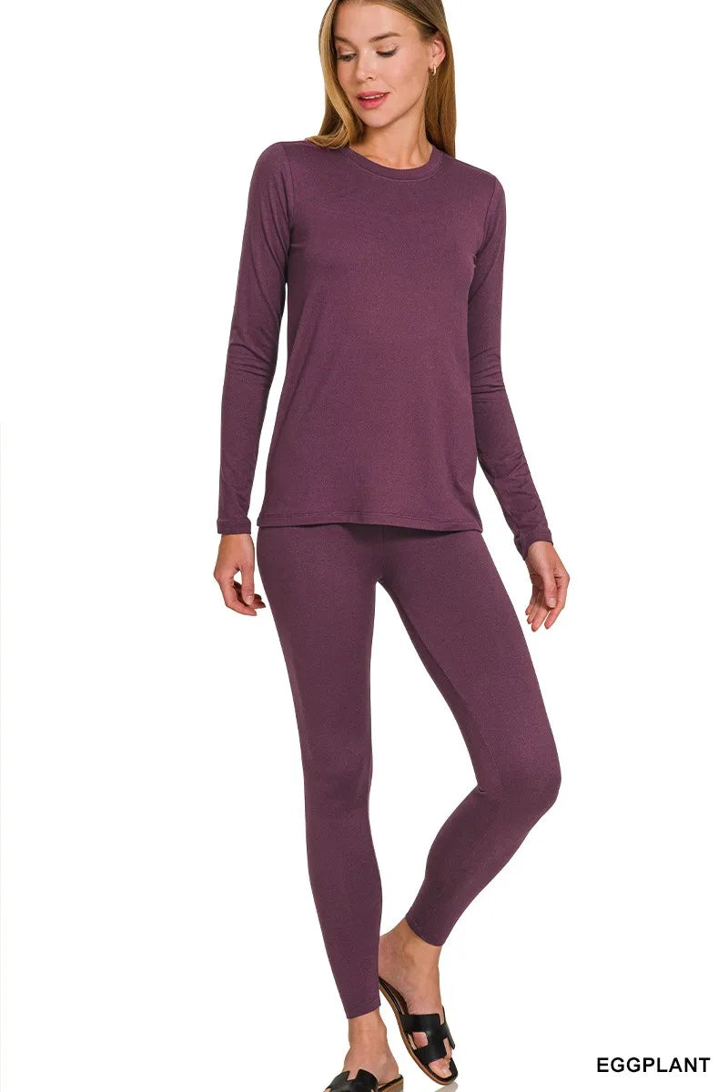 Eggplant Zenana Microfiber Round Neck Top And Leggings Set
