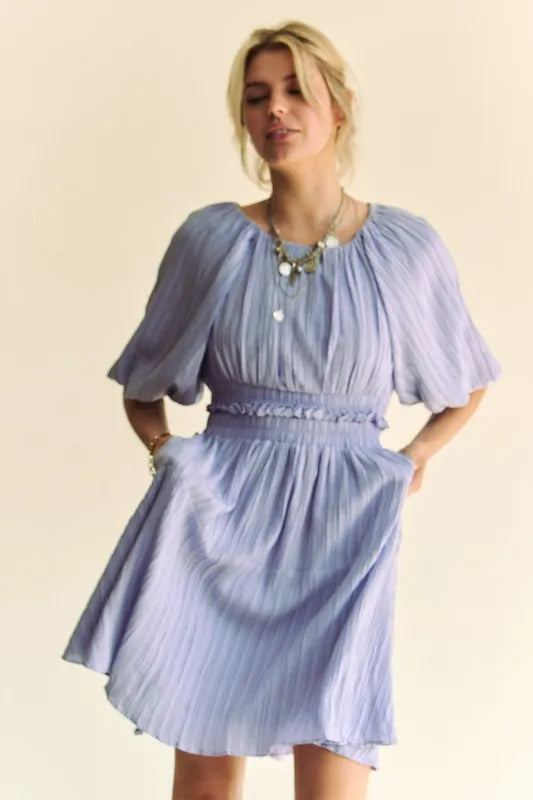 Lavender Davi Dani Back Button Puff Sleeve Mini Dress