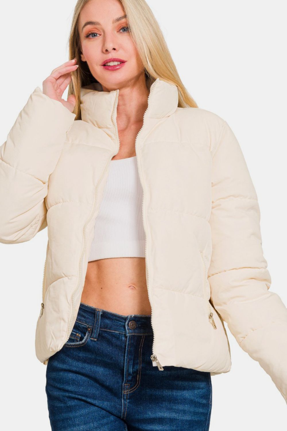 Cream Zenana Zip Up Turtleneck Puffer Jacket With Pockets