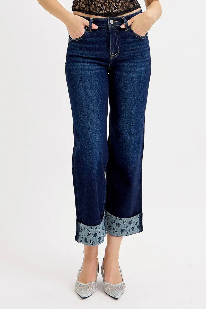Dark Risen Full Size Mid Rise Fit Crop Wide With Printed Cuff Jeans Plus Size