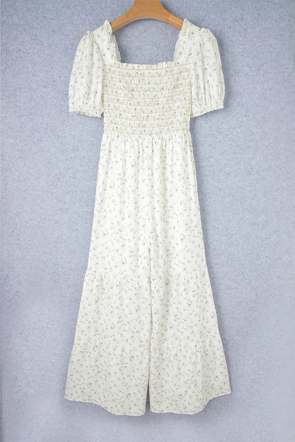 White Smocked Printed Short Sleeve Jumpsuit