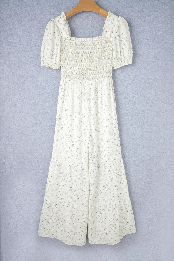 White Smocked Printed Short Sleeve Jumpsuit