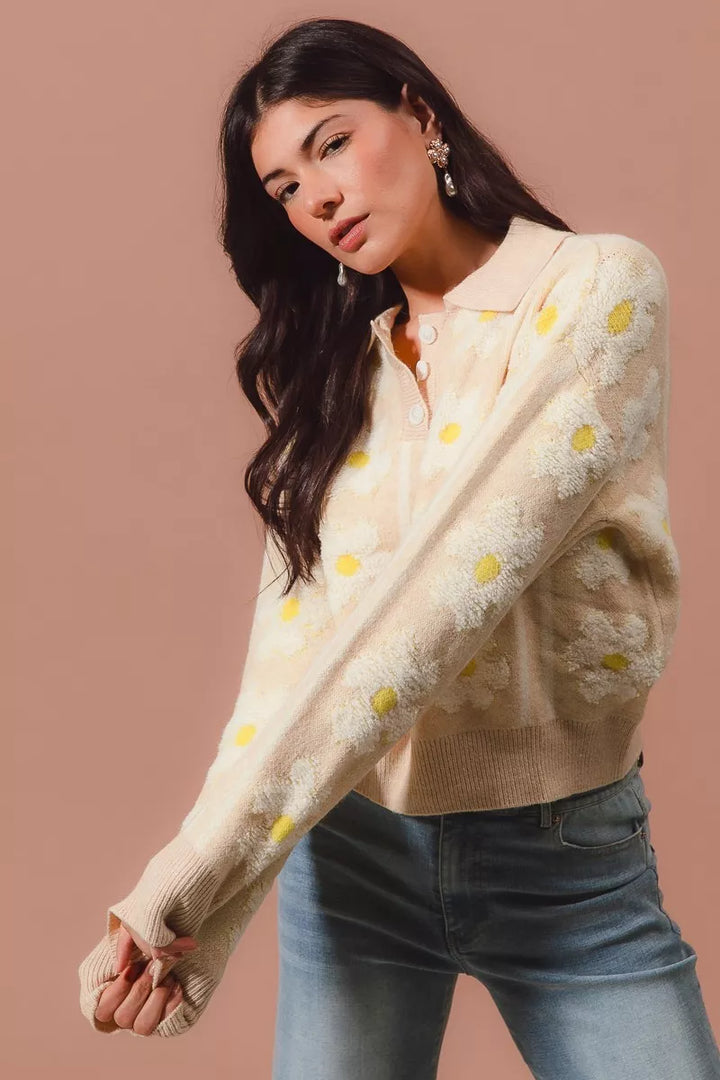 So Me Floral Stripe Polo Collar Sweater