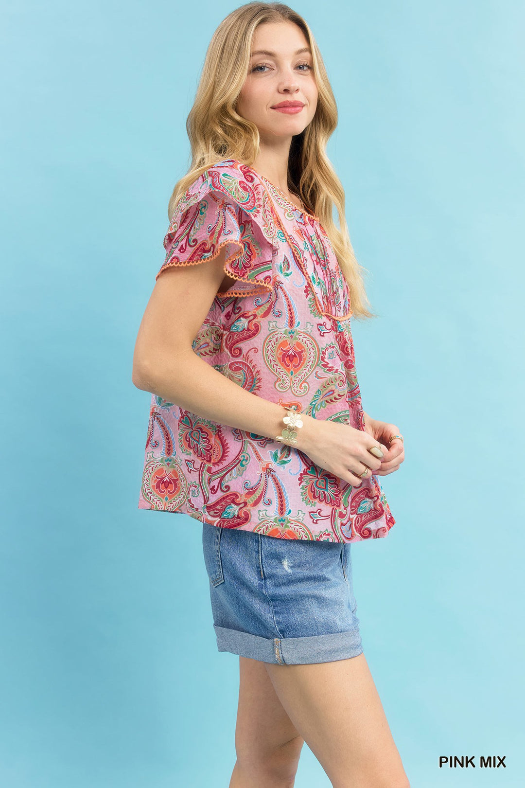 Pink Mix Umgee Mix Paisley Ruffle Sleeve Top 1