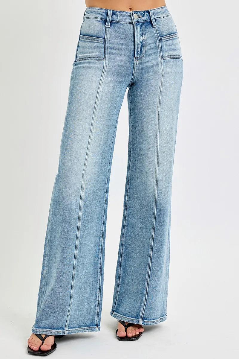 Medium Risen Full Size Mid Rise Wide Jeans With Front Patch Pocket Plus Size