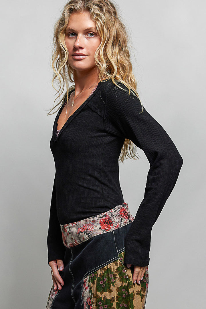 Black Pol V Neck Long Sleeve Ribbed Top With Lace Accent Neckband 3