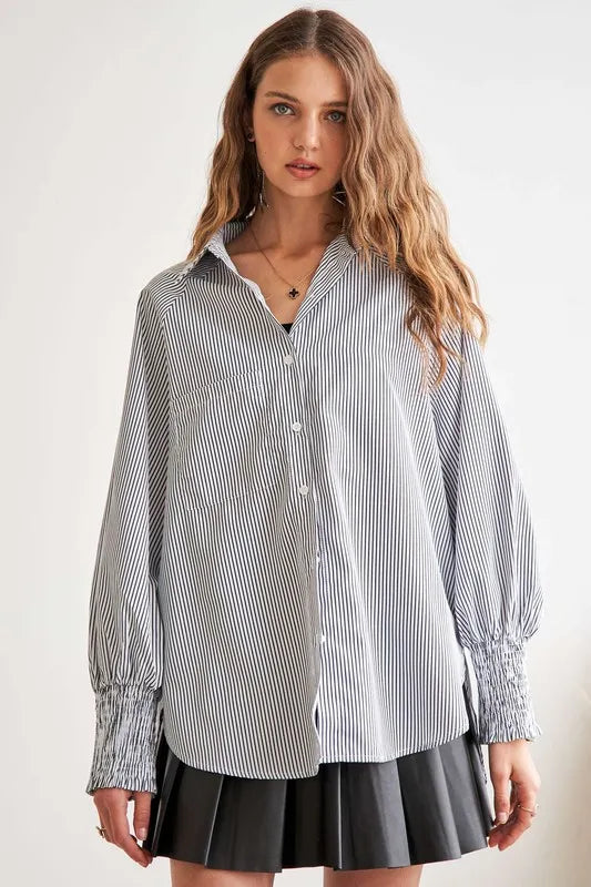 Adora High Low Striped Button Down Smocked Lantern Sleeve Shirt