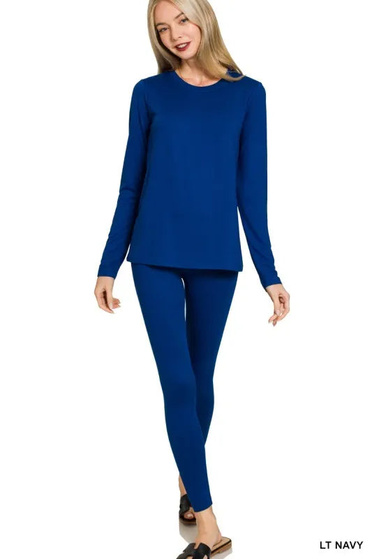 Lt Navy Zenana Microfiber Round Neck Top And Leggings Set 2