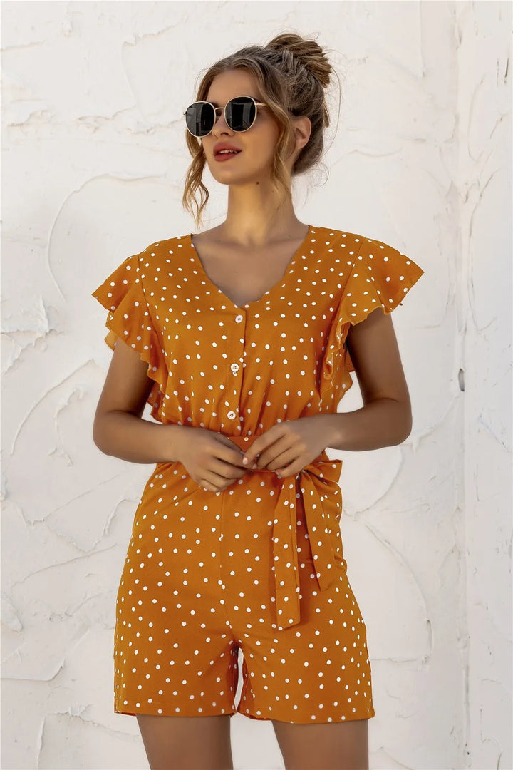 Mustard Ruffled Polka Dot Half Button Romper