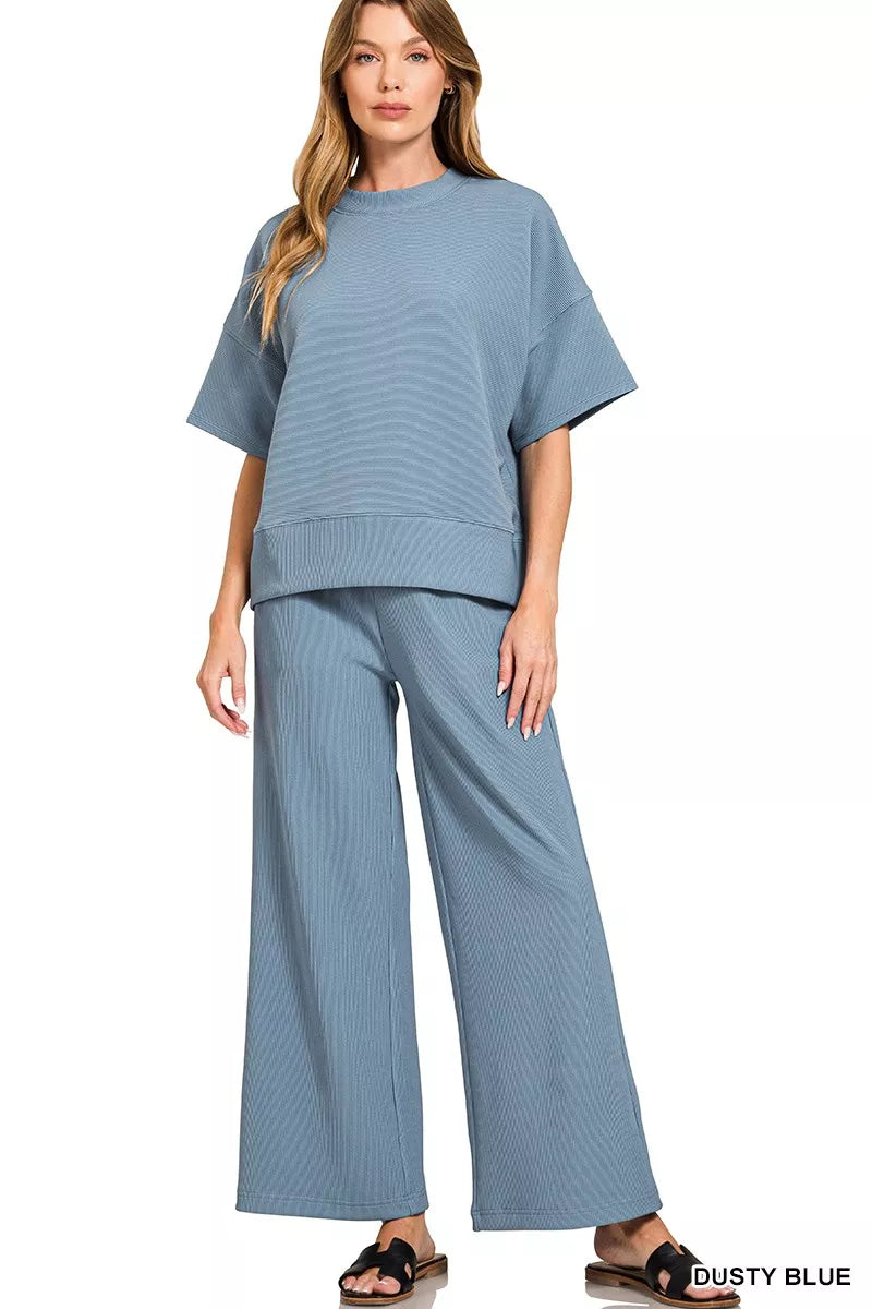 Dusty Blue Zenana Ribbed Round Neck Tee Pants Set 2
