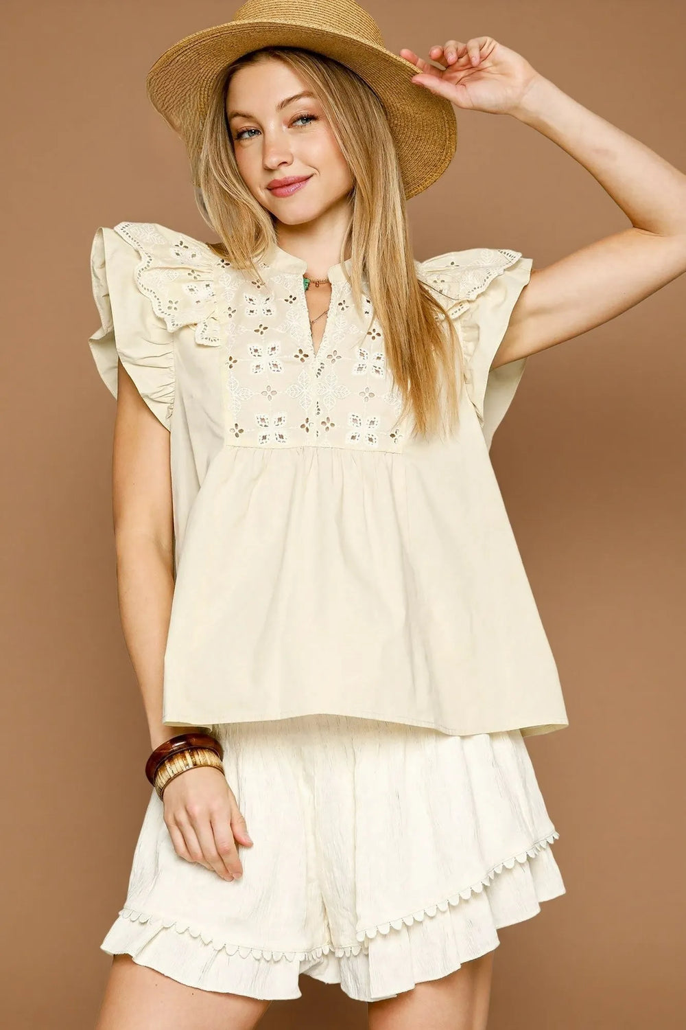 Natural Umgee Eyelet Embroidered Ruffle Sleeve Blouse