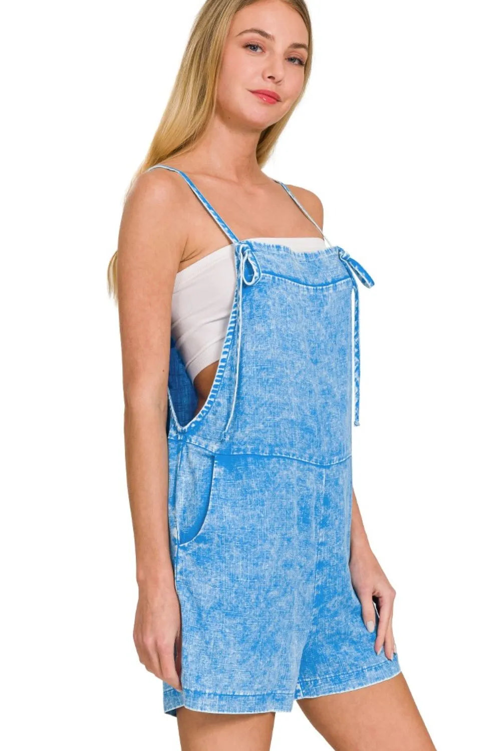 Deep Sky Zenana Washed Linen Knot Strap Rompers