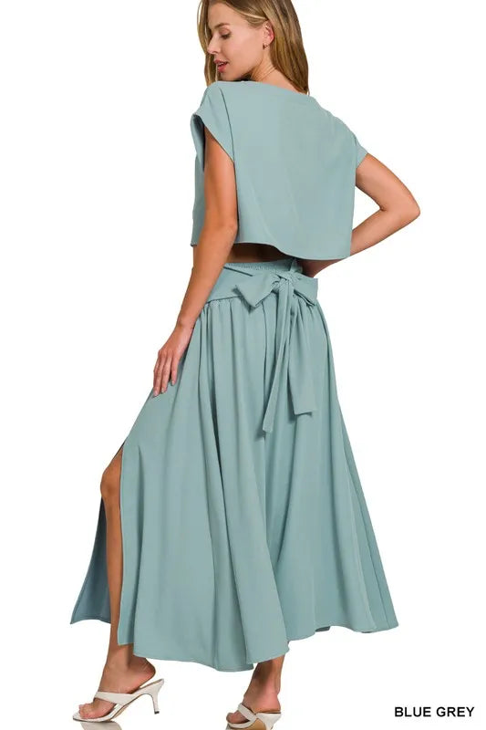 Blue Grey Zenana Heavy Woven Span Crop Tee Skirt Set 6