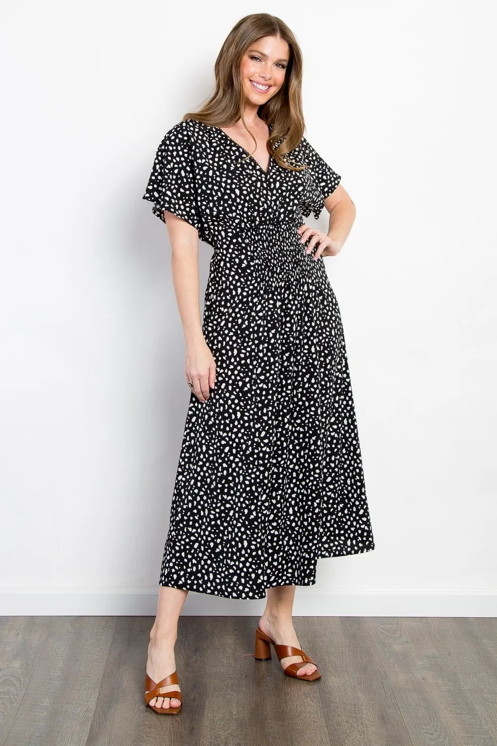 Black Be Stage Full Size Printed Smocked Waist Dress