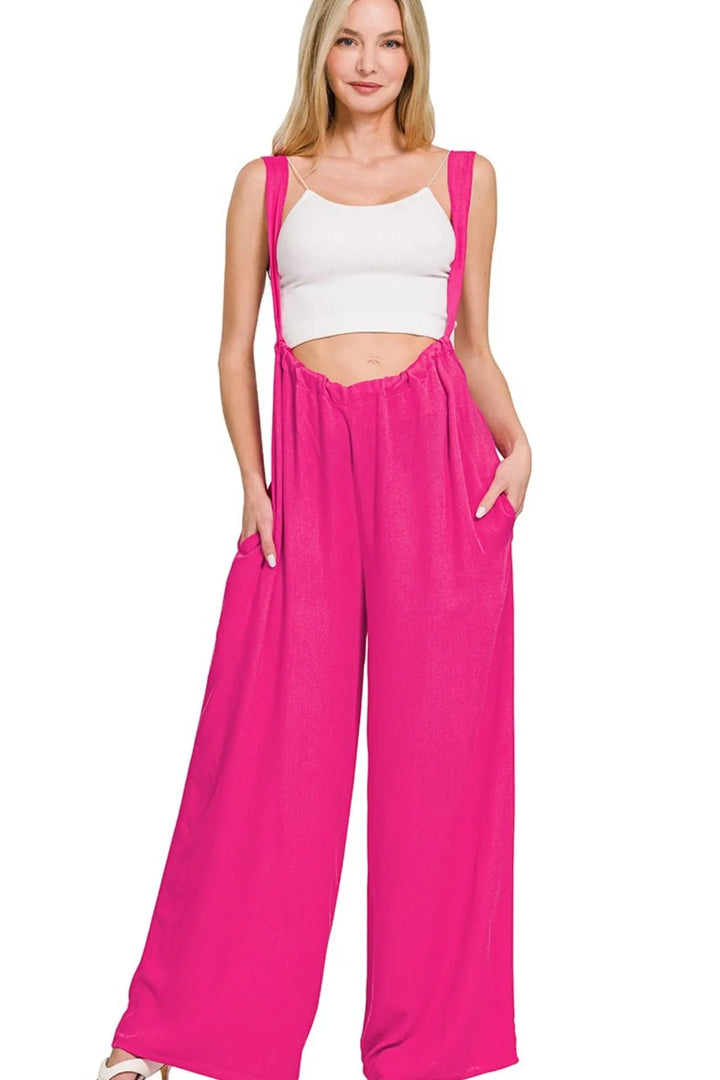 Hot Pink Zenana Woven Tie Back Suspender Jumpsuit 1