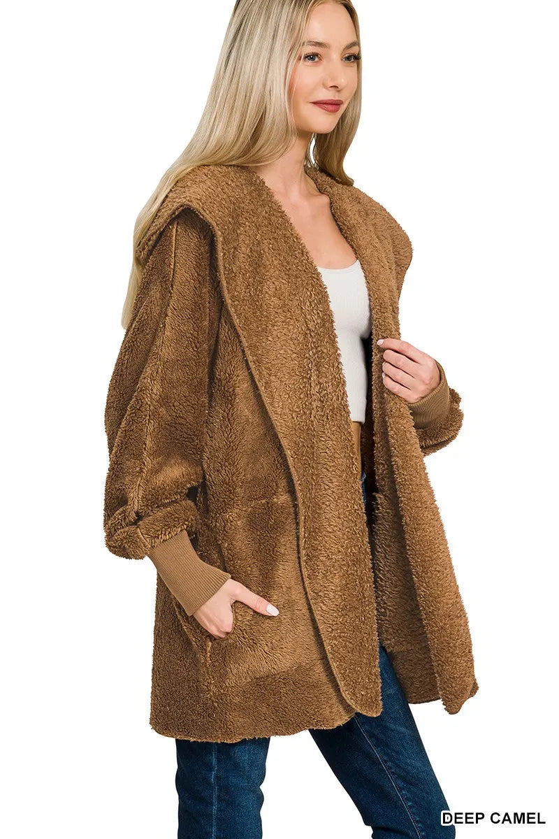 Deep Camel Zenana Hooded Faux Fur Jacket With Pockets 3